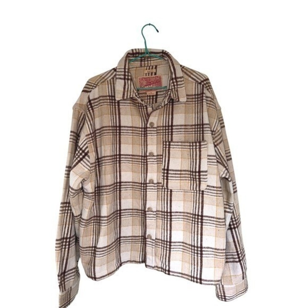 Brooklyn Cloth Flannel Shirt Men Large Cream Brown Plaid Shacket Boxy Streetwear